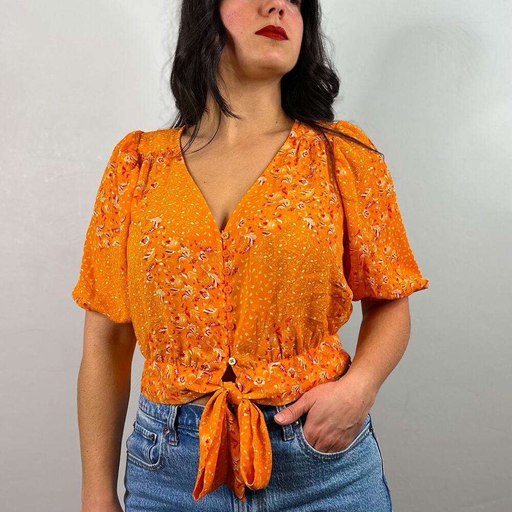 Joie Orange Cropped Tie Button Front Half Sleeve Floral Blouse